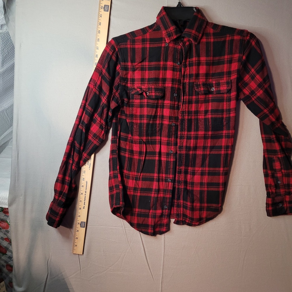 George Mens XS Red Black Plaid Flannel Button Shirt Long Sleeve Buffalo Check